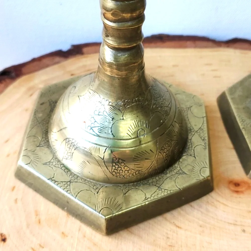 Vintage Brass Mid Century Candleholders Hexagonal Base Etched Floral 9